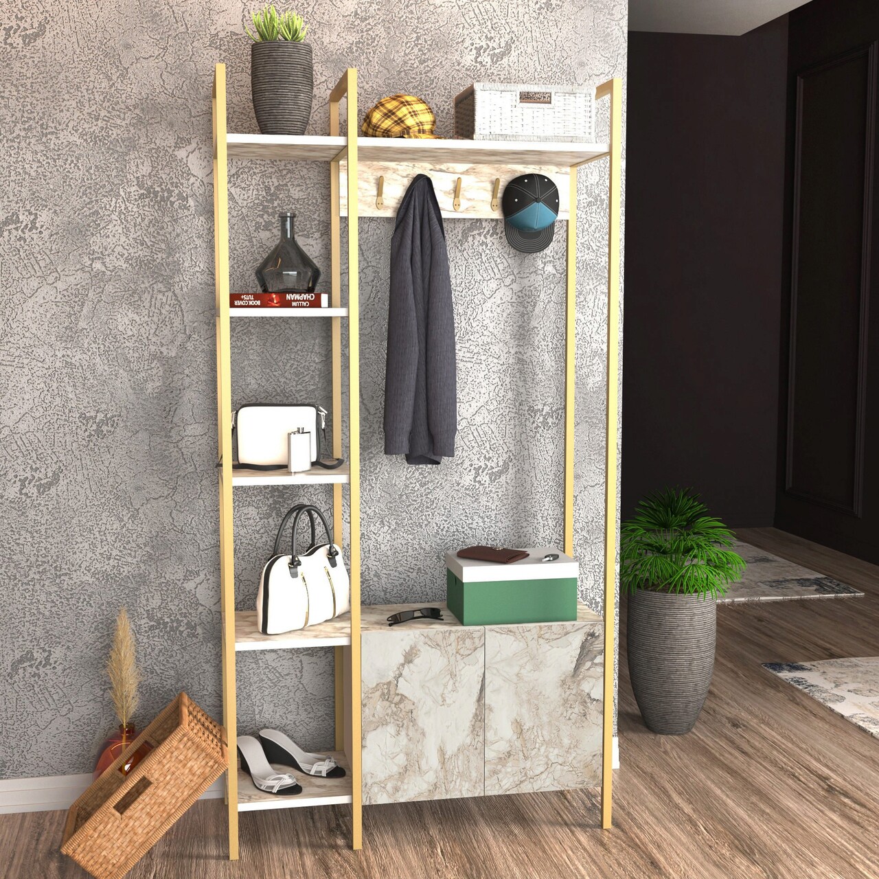 Cuier de perete, Hanah Home, Doga, 90x35x175 cm, Alb/Auriu - imagine 6